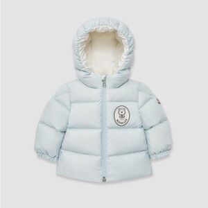 Moncler GIUBOTTO SANYU Puffer Baby Blue Teddy Logo Jacket Dry Clean Sz 12-18 mos